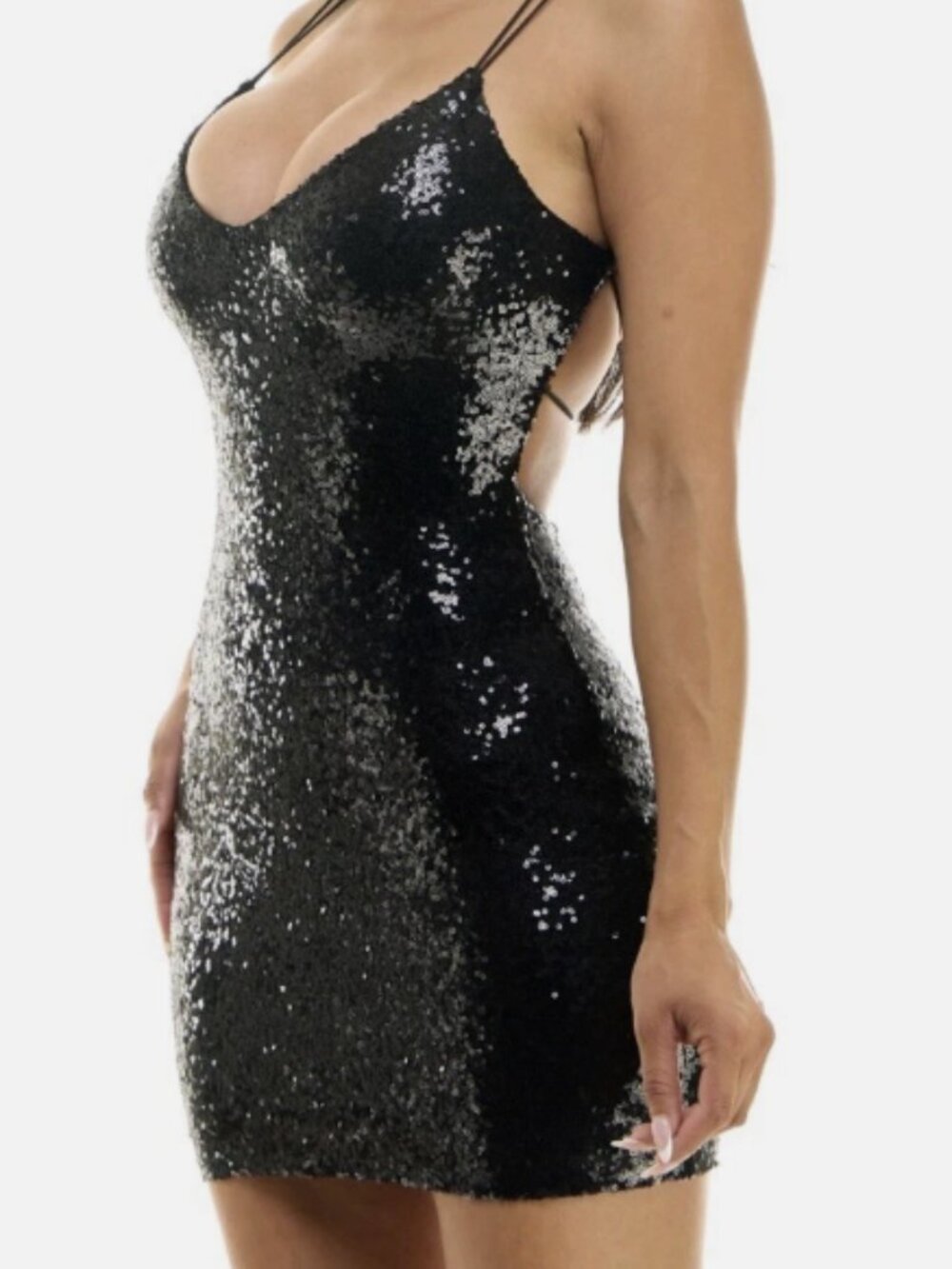 Black Sequined, open back, bodycon mini dress